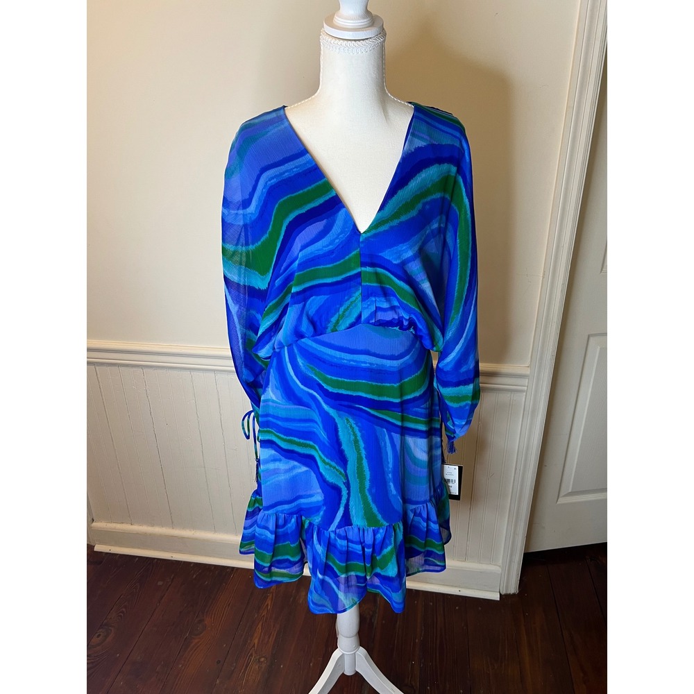Kelly Grace Blue Swirl Print V-Neck Ruffle‎ Mini Dress Blue Green NWT size 10 - Picture 3 of 9
